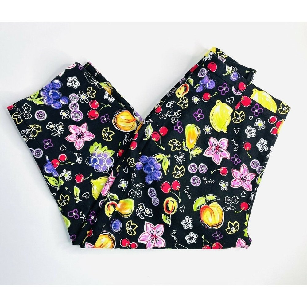 Women's Capri Length Pants Briggs 10 Petite Stretch Black Colorful Fruit Flowers